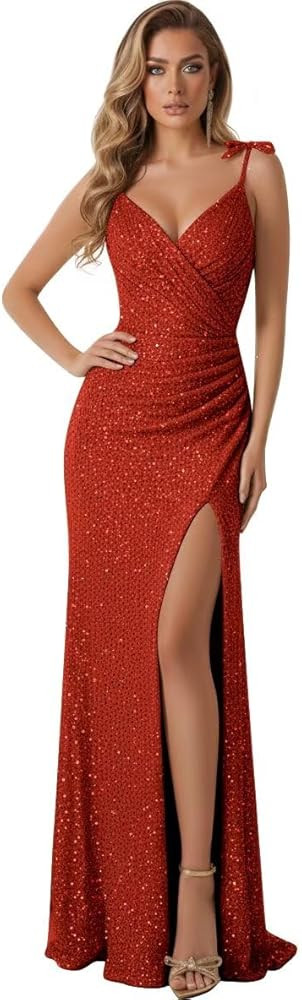 Sparkly Sequin V Neck Prom Dresses 2026 Pleated Spaghetti Bow Straps Mermaid Evening Party Dress ... | Amazon (US)