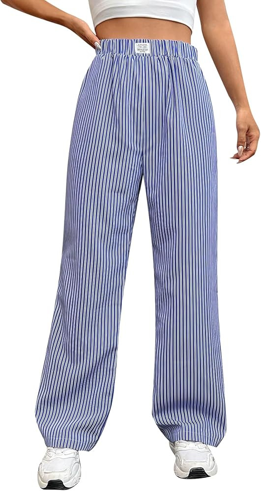 OYOANGLE Women's Straight Wide Leg Trousers Striped Print Letter Patched Detail High Waist Y2K Fa... | Amazon (US)