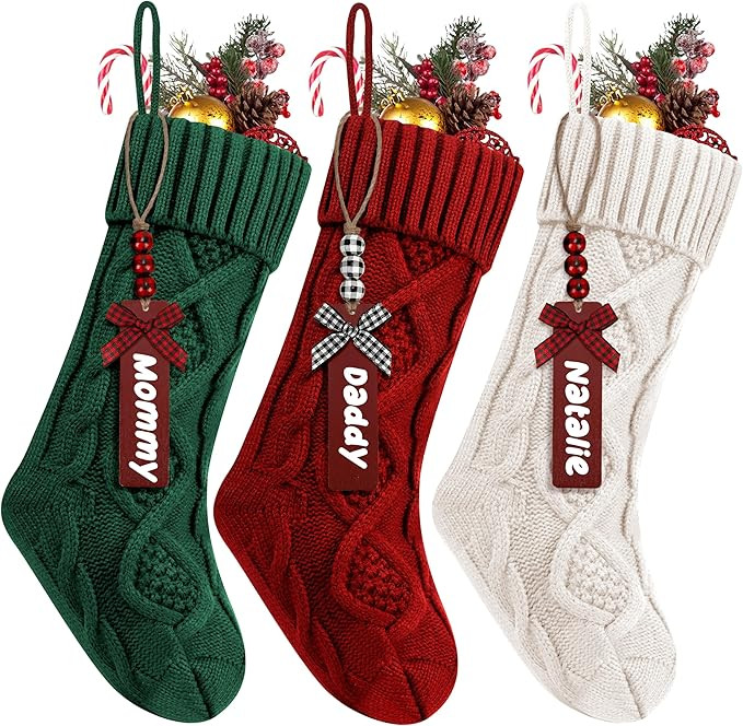 3Pack Personalized Christmas Stockings with Wooden Name Tags, 18 inches Xmas Cable Knitted Stocki... | Amazon (US)