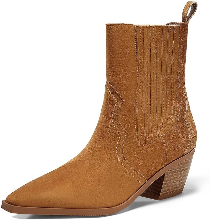 Coutgo Womens Western Pointed Toe Ankle Booties Chunky Stacked Heel Chelsea Boots Cowboy Elastic ... | Amazon (US)