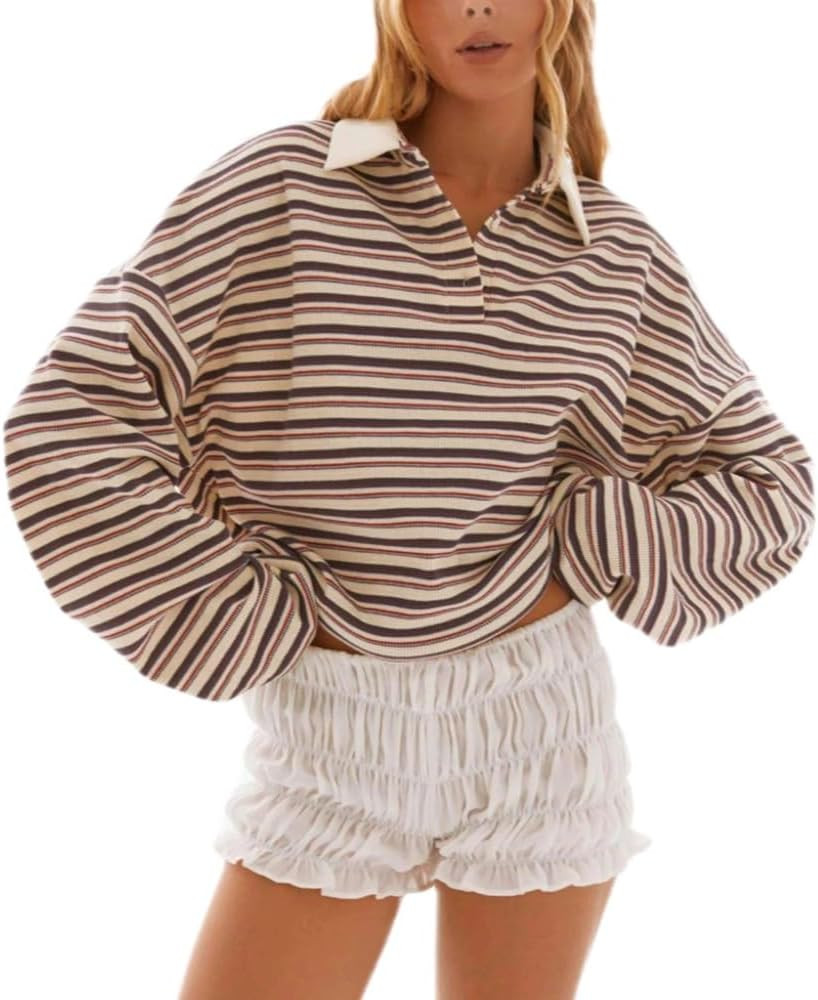 Womens Oversized Striped Y2k Sweatshirt Lapel Collared Rugby Shirt Trendy Casual Polo Sweatshirt ... | Amazon (US)