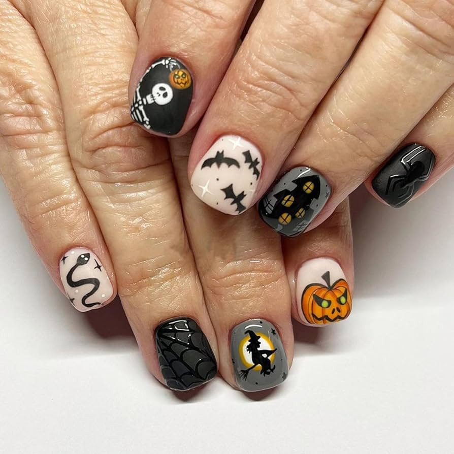 Halloween Press on Nails Short Square Fake Nails Nude Black with Spider Web Pumpkin Bat Skeleton ... | Amazon (US)