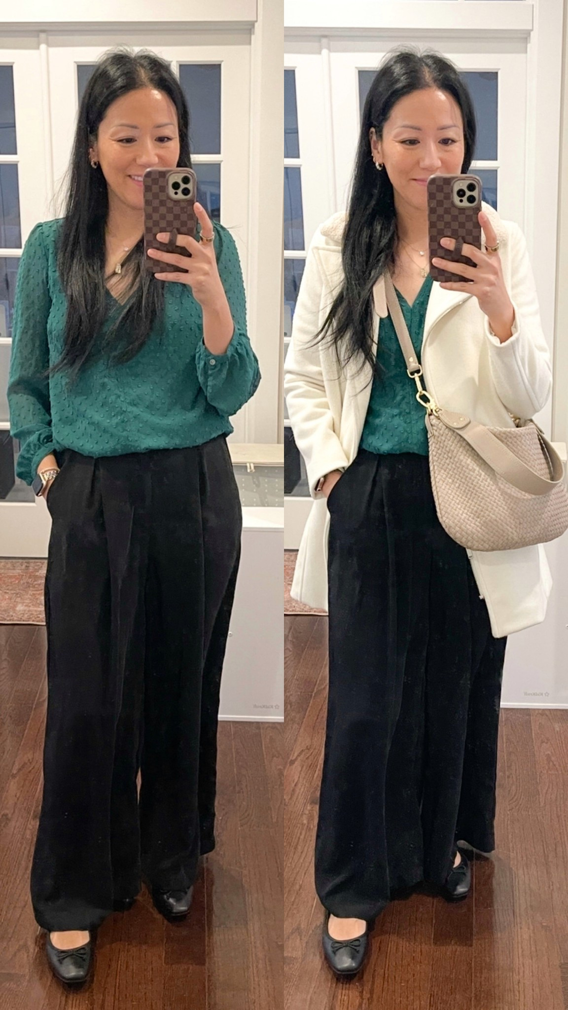 Size XS top
Size small regular pants
Flats are true to size
Exact coat is old (size XS)


#LTKootd #LTKgrwm #LTKOver40