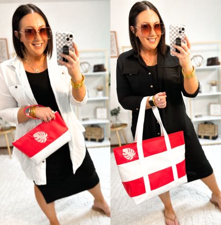 New colorblock matching beach totes and pouches. Made of a really great wipeable material! Love this bright red color so much!  

L coverups. XL tank dress. Flip flops fit tts  

#LTKitbag #LTKSeasonal #LTKfindsunder50