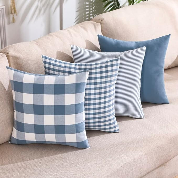 CARRIE HOME Blue Pillow Covers Farmhouse Plaid 20x20 Throw Pillows Set of 4, Light Blue Outdoor 2... | Amazon (US)