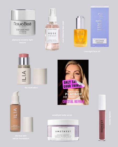 Crystal Hefner’s organic beauty favorites. Includes the following:
- Only Say Good Things book
- Natura Bisse light texture
- Rose Hibiscus coconut water
- Pai overnight face oil
- Ilia multi-stick
- Ilia true skin foundation
- Amethyst body scrub
- Honest lipstick

#LTKbeauty #LTKfindsunder100 #LTKSeasonal