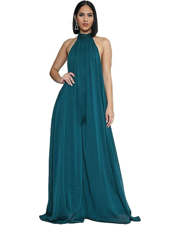 CHARTOU Women's Elegant Loose Fit Chiffon Halter Neck Backless Wide Leg Jumpsuit | Amazon (US)