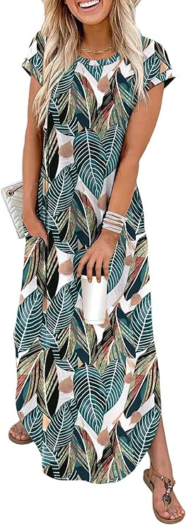 WIHOLL Summer Dresses Cap Sleeve Crewneck Maxi Long Casual Dress with Pockets Beach Vacation Sund... | Amazon (US)