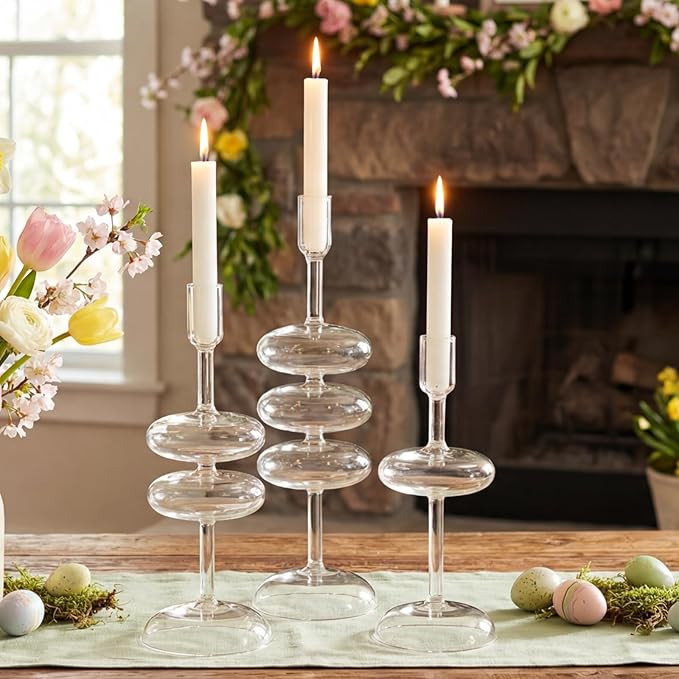 LemonRoad 3 Pcs Glass Candlestick Holders, Glass Taper Candle Holder Groovy Wavy Vase Candle Stic... | Amazon (US)