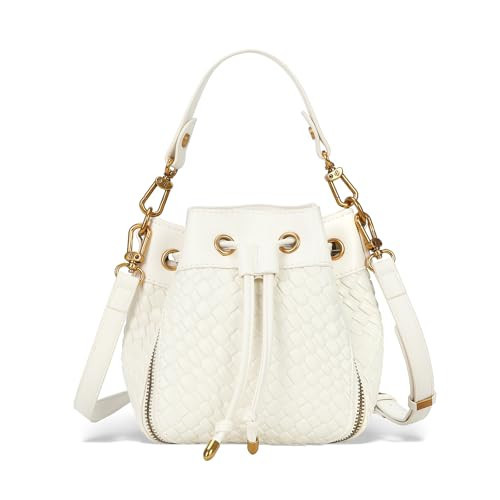 KOOIJNKO Bucket Bags for Women Crossbody Woven Bucket Purse Drawstring Vegan Leather Braid Weave Bucket Handbag, Beige White | Amazon (US)