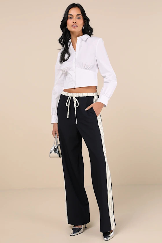 Confident Option Navy Blue Contrast Trim Side Stripe Pants | Lulus