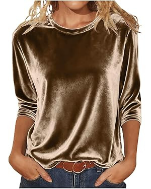 Women Tops Three Quarter Length Sleeve Velvet T Shirts 3/4 Sleeves Pullover Casual Dressy Velour ... | Amazon (US)