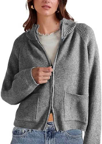 Womens Ribbed Zipper Cardigan Sweater Casual High Neck Long Sleeve Fall Oversized Knit Jackets To... | Amazon (US)