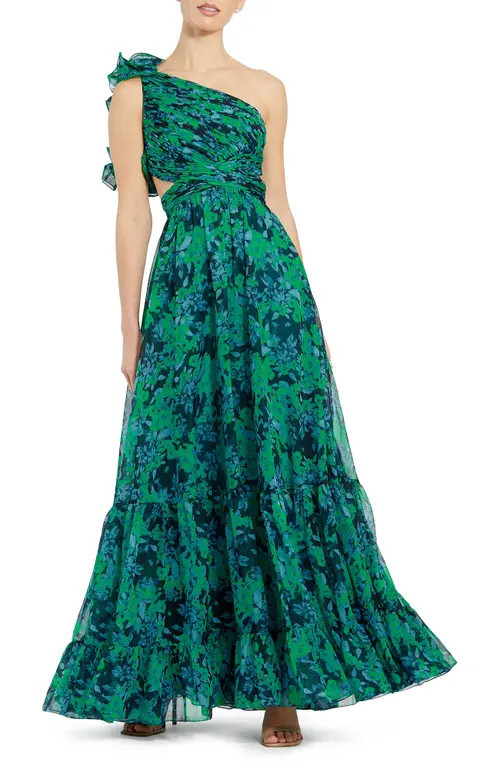 Mac Duggal One Shoulder Ruffle Tiered Cut-Out Floral Chiffon Gown in Black Multi at Nordstrom, Size 8 | Nordstrom