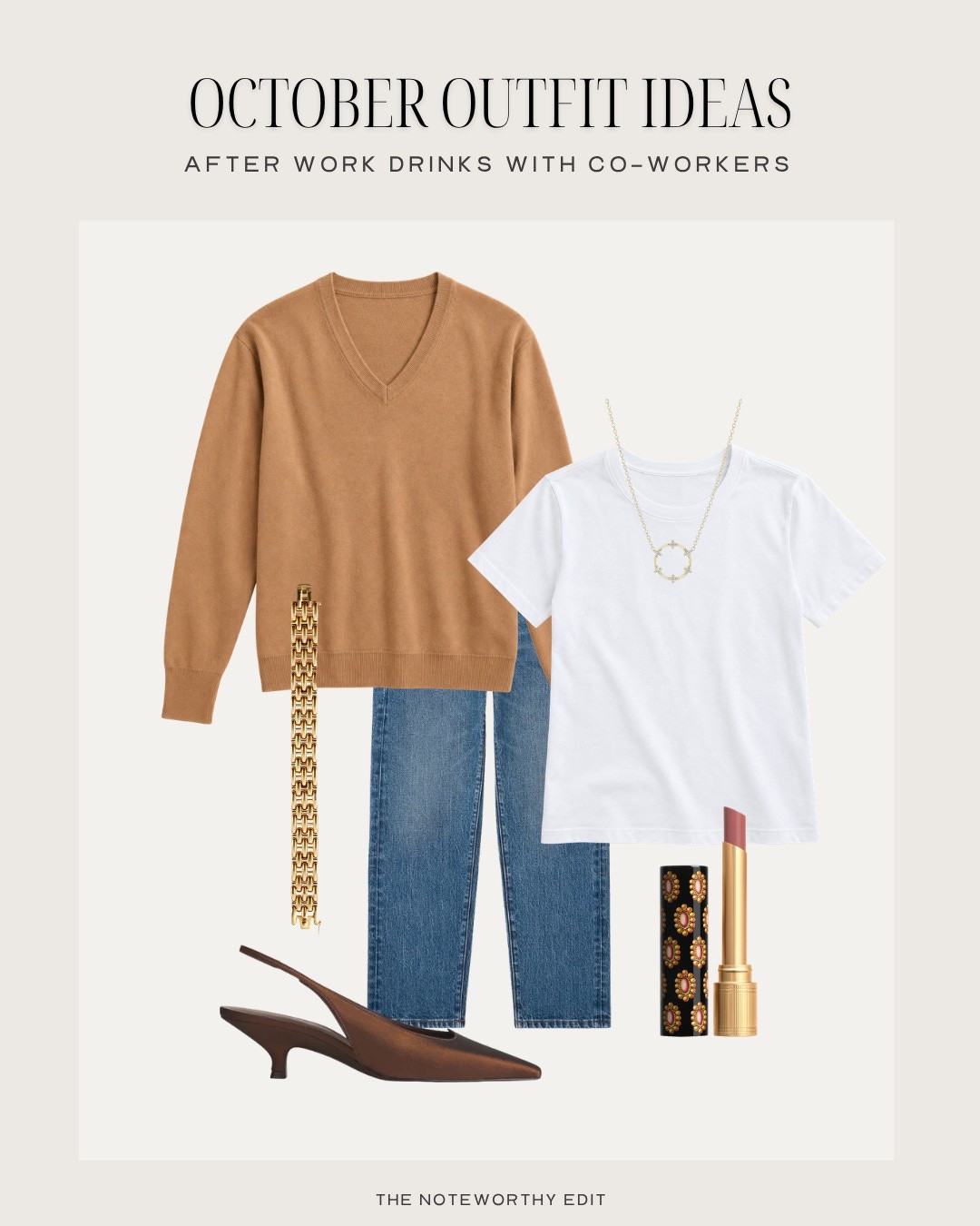 October outfit ideas - after work meetup

Camel v neck sweater (recommend sizing up)
Jeans (I take 29S)
Sling back pumps
Gold link bracelet
Fall outfit idea
Transitional capsule 

#LTKSeasonal #LTKTravel