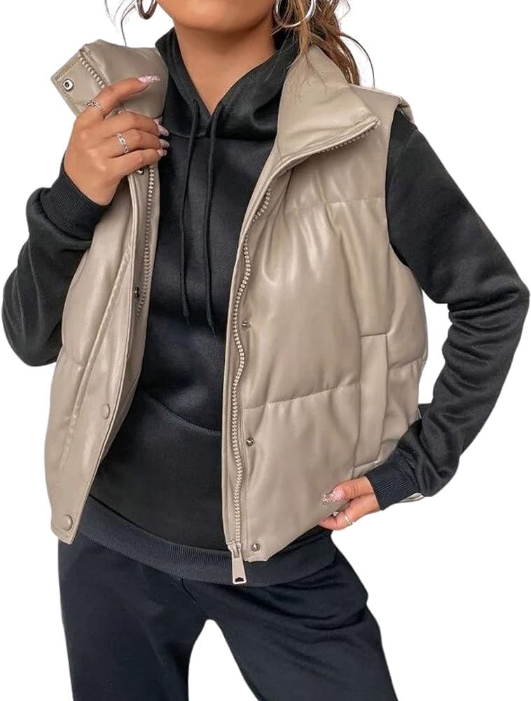Zhiyouni Womens Faux Leather Sleeveless Puffer Vests Zipper Winter Padded Jackets | Amazon (US)
