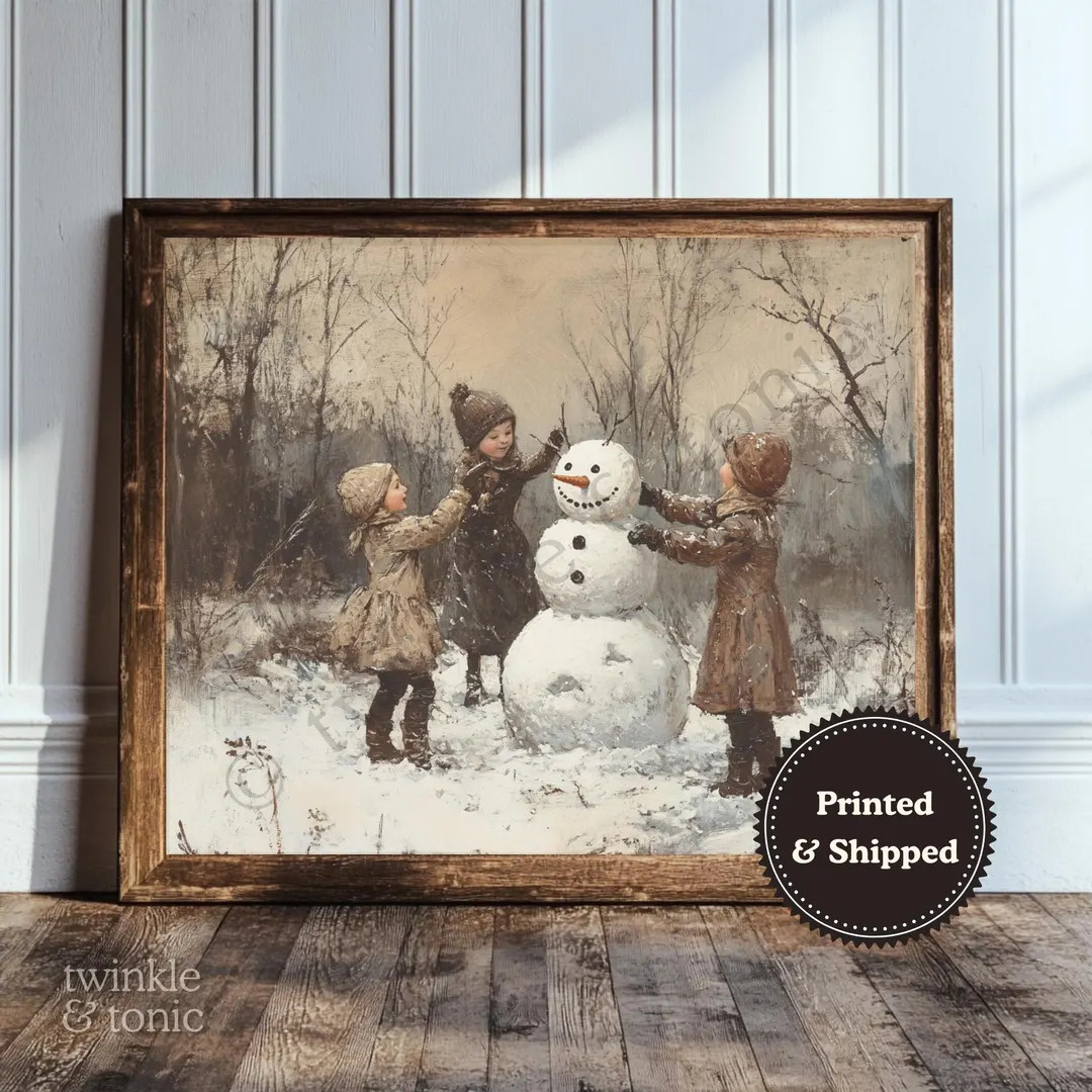 Vintage Snowman Painting, Rustic Farmhouse Wall Art, Moody Holiday Print, Antique Landscape, Chri... | Etsy (US)
