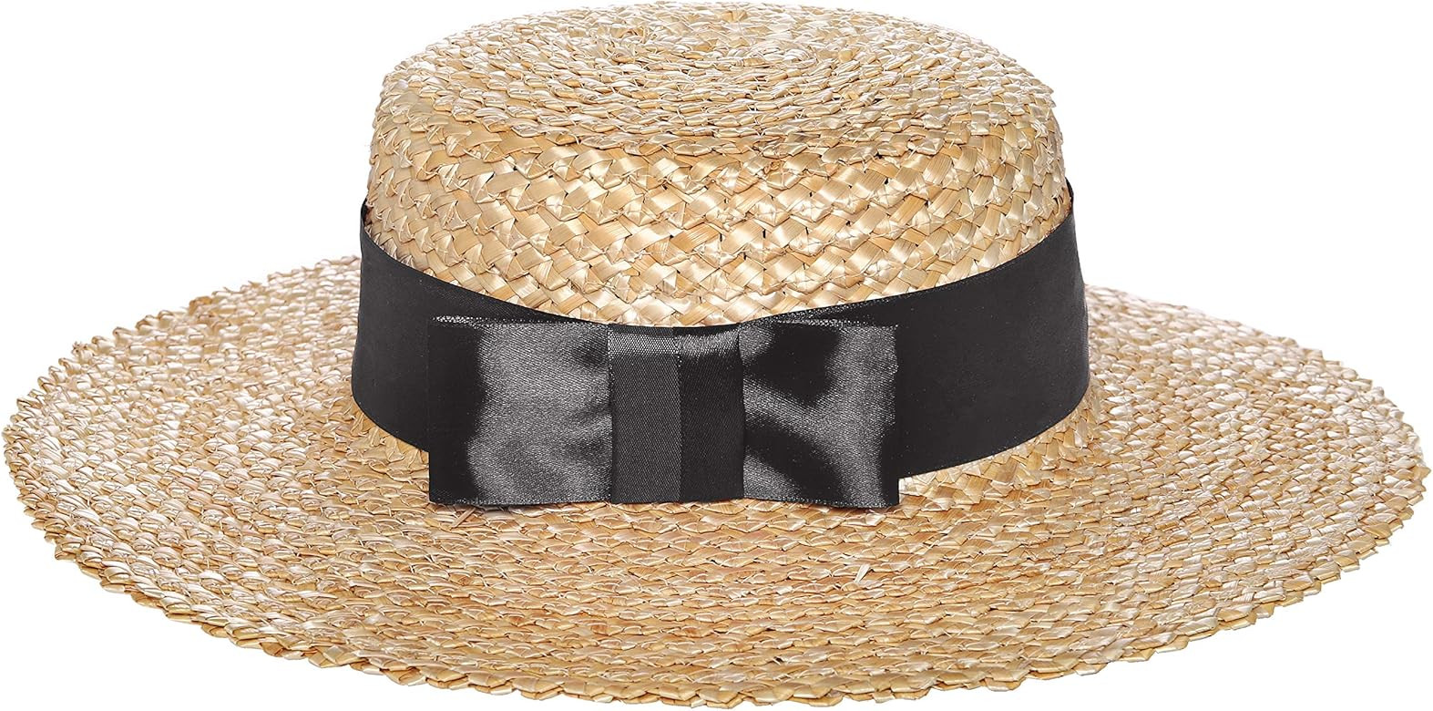 Women Wide Brim Straw Hat Beach Sun Hat Panama Flat Top Handwoven Straw Boater Hat with Ribbon Bo... | Amazon (US)