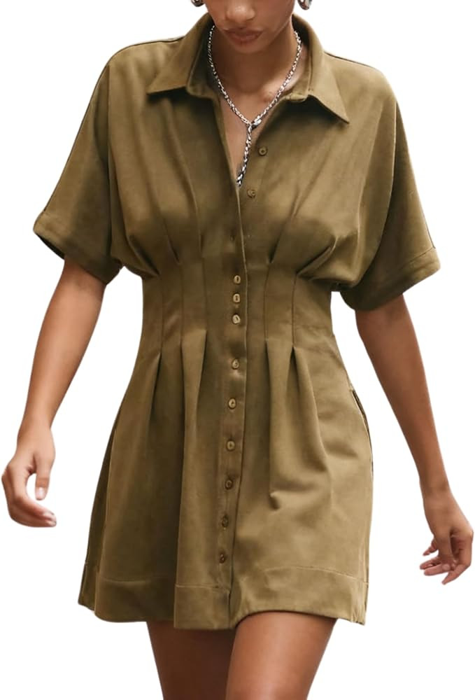 Womens Casual Faux Suede Short Sleeve Shirt Dress Pleated Button Down Tapered Waist Mini Dress wi... | Amazon (US)