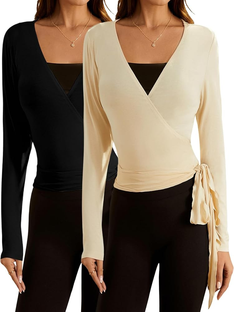 SweatyRocks Women's Y2k Pilates Wrap Tops Ballet Yoga Coquette Shirt Cute Long Sleeve Workout Act... | Amazon (US)