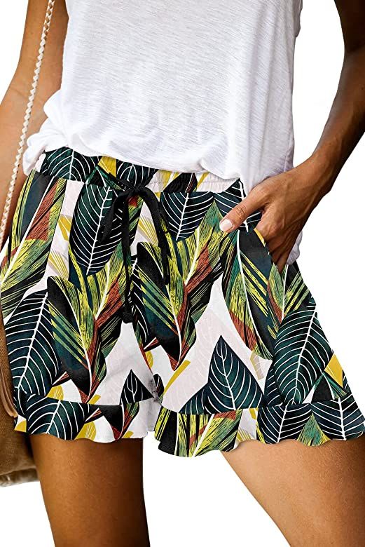 ONLYSHE Womens Casual Shorts Drawstring Elastic Waist Ruffle Hem Summer Shorts Comfy Pocketed Pants | Amazon (US)