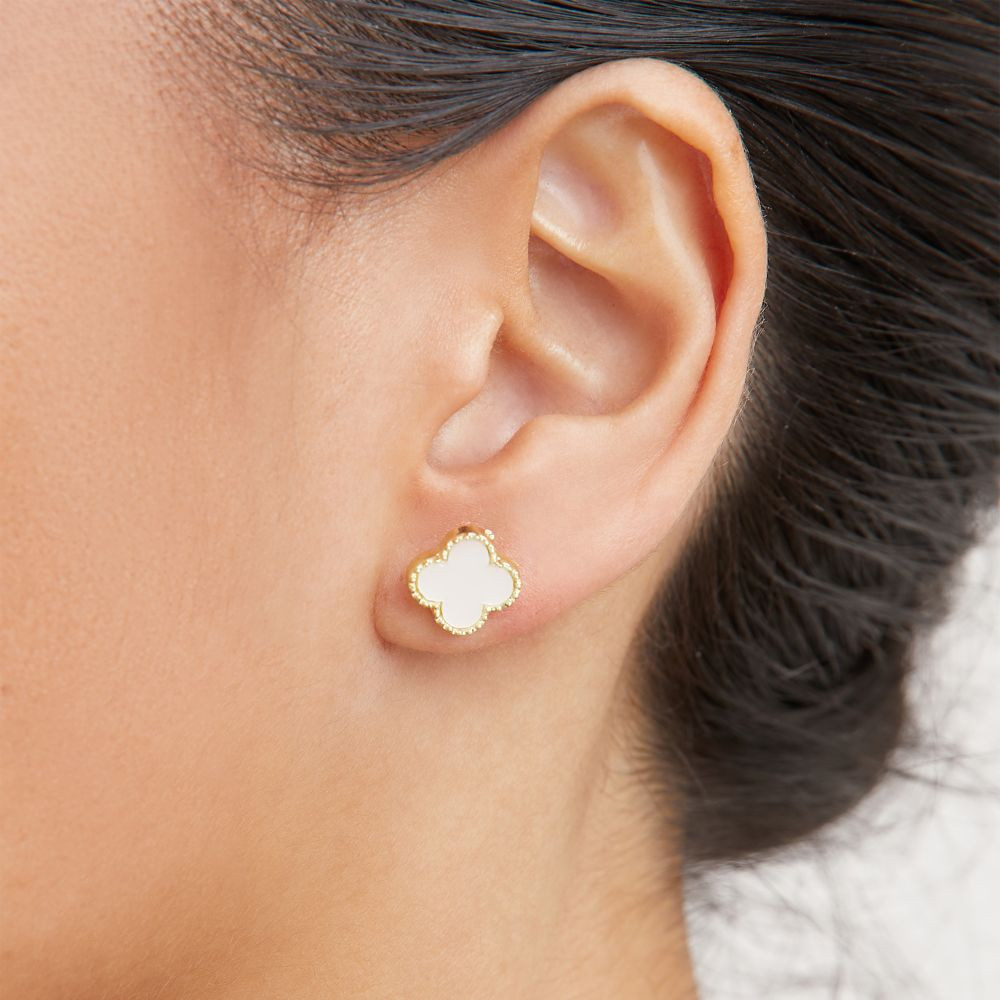 Flower Detail Stud Earrings In White And Gold | EGO (UK)