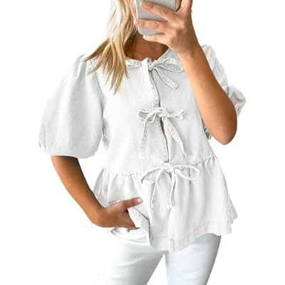 Tankaneo Womens Denim Tie Front Tops Babydoll Peplum Puff Sleeve Jean Shirts Crew… | Amazon (US)