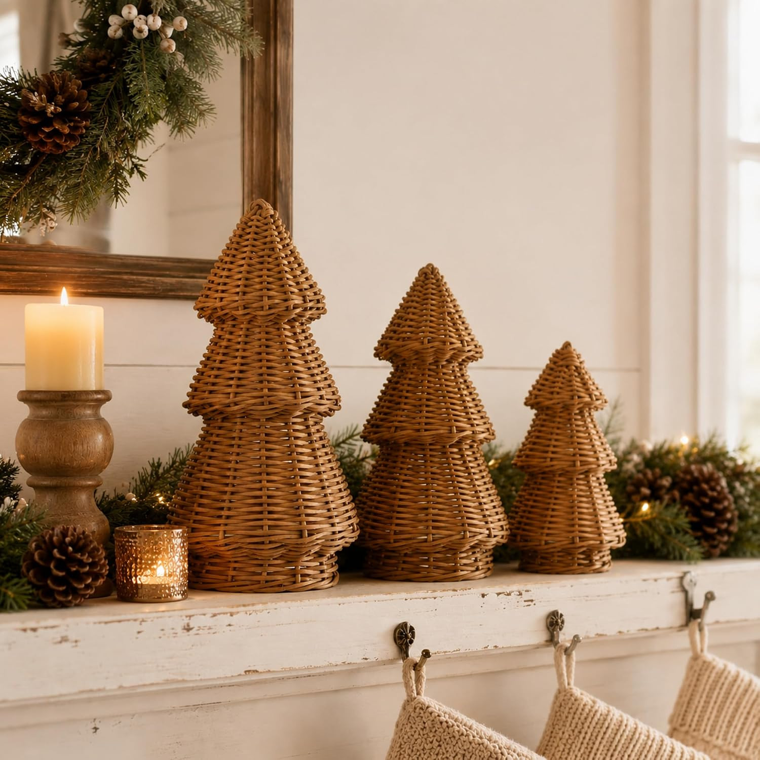 MiniInflat 3 Pcs Woven Christmas Tree Decor, Classic Weave, Burlywood | Amazon (US)