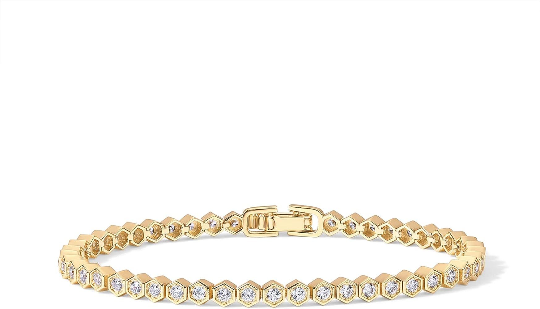 PAVOI 14K Gold Plated 2mm Cubic Zirconia Honeycomb Tennis Bracelet | Gold Bracelet for Women | Si... | Amazon (US)