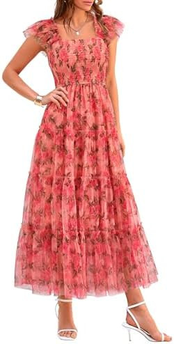 PRETTYGARDEN Women's Summer Tulle Midi Dress Sleeveless Smocked Ruffle Flowy Mesh Dresses Party W... | Amazon (US)