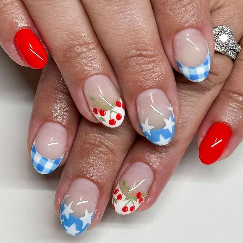 4th of July Press on Nails Short Almond Fake Nails Red Blue French Tip Design Glue on Nails Star ... | Amazon (US)