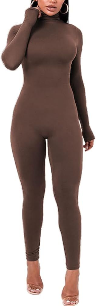 Azhong Women's Sexy Long Sleeve Turtleneck Jumpsuits Bodycon Back Zipper High Waist One Piece Cas... | Amazon (US)