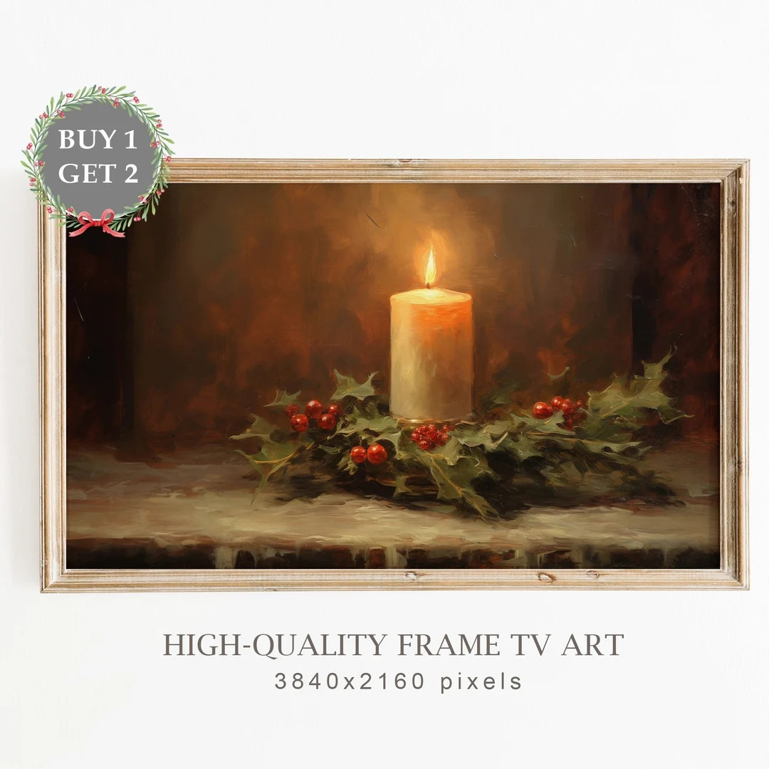 Christmas Samsung Frame TV Art Scandinavian Candle Still Life Oil Painting Rustic Christmas Decor... | Etsy (US)