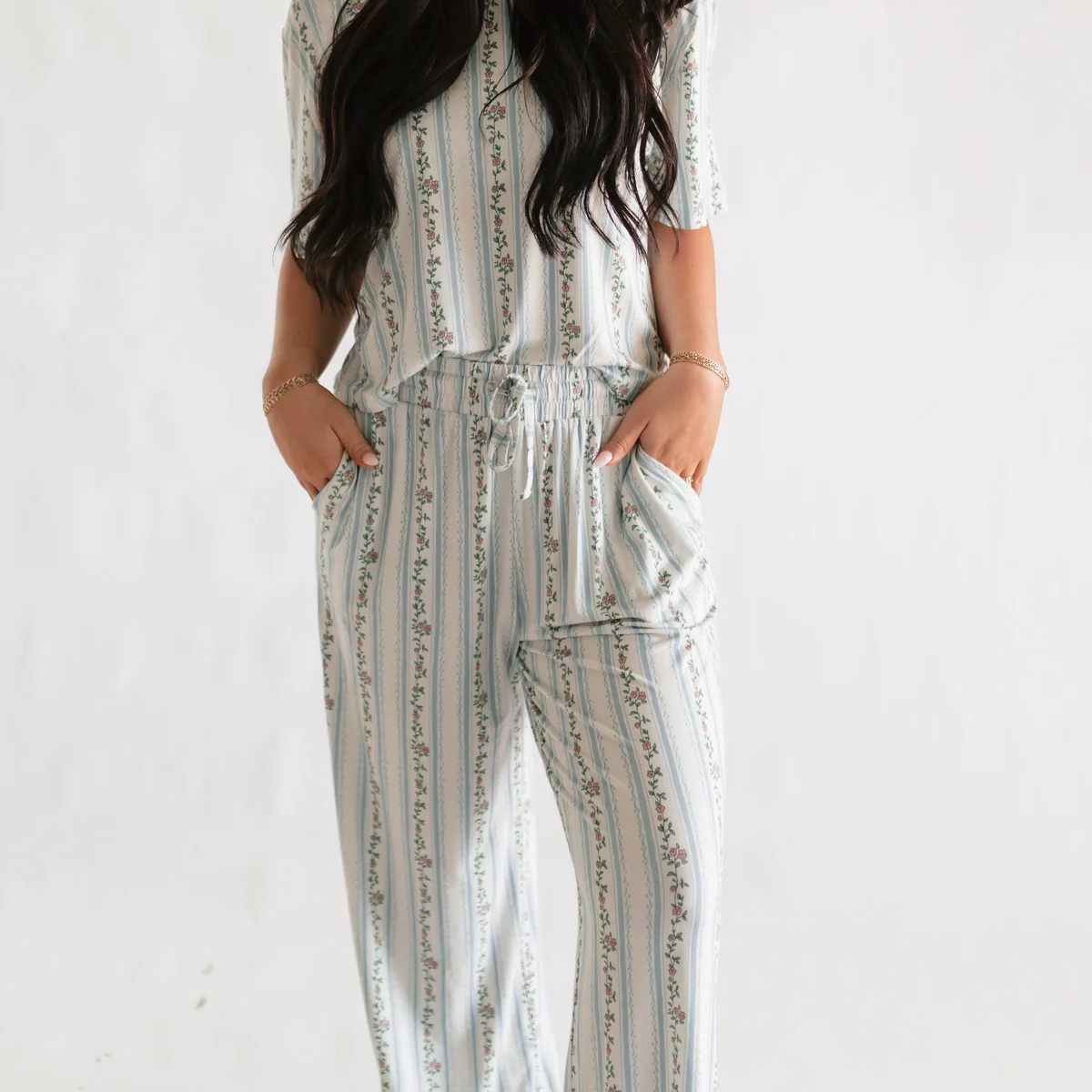 Women's T-Shirt and Pants Set in Blue Striped Floral | Silks Design