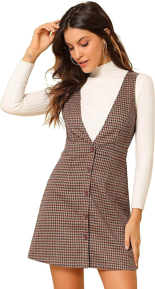 Allegra K Women's Overall Dresses Fall Jumper Halloween Houndstooth Pinafore Plaid Dresses | Amazon (US)