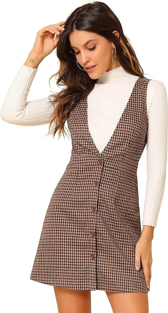 Allegra K Women's Overalls Suspenders Halloween V Neck Plaid Houndstooth Pinafore Dress | Amazon (US)