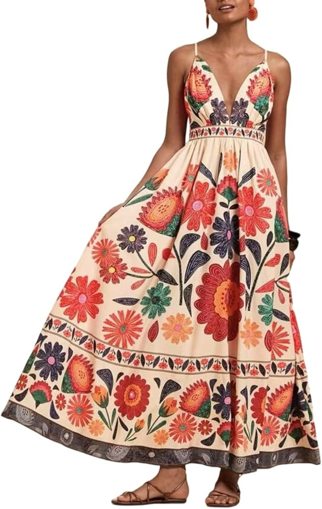 Women's Boho Print Dress Sleeveless Backless Halter High Waist A Line Vacation Beach Long Dress | Amazon (US)