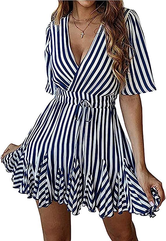 PRETTYGARDEN Women's Summer Deep V Neck Short Sleeve Striped Wrap Ruffle Hem Pleated Mini Dress | Amazon (US)