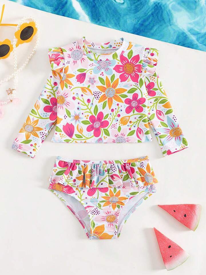 Baby Girl Floral Print Ruffle Trim High Neck Bikini Swimsuit | SHEIN
