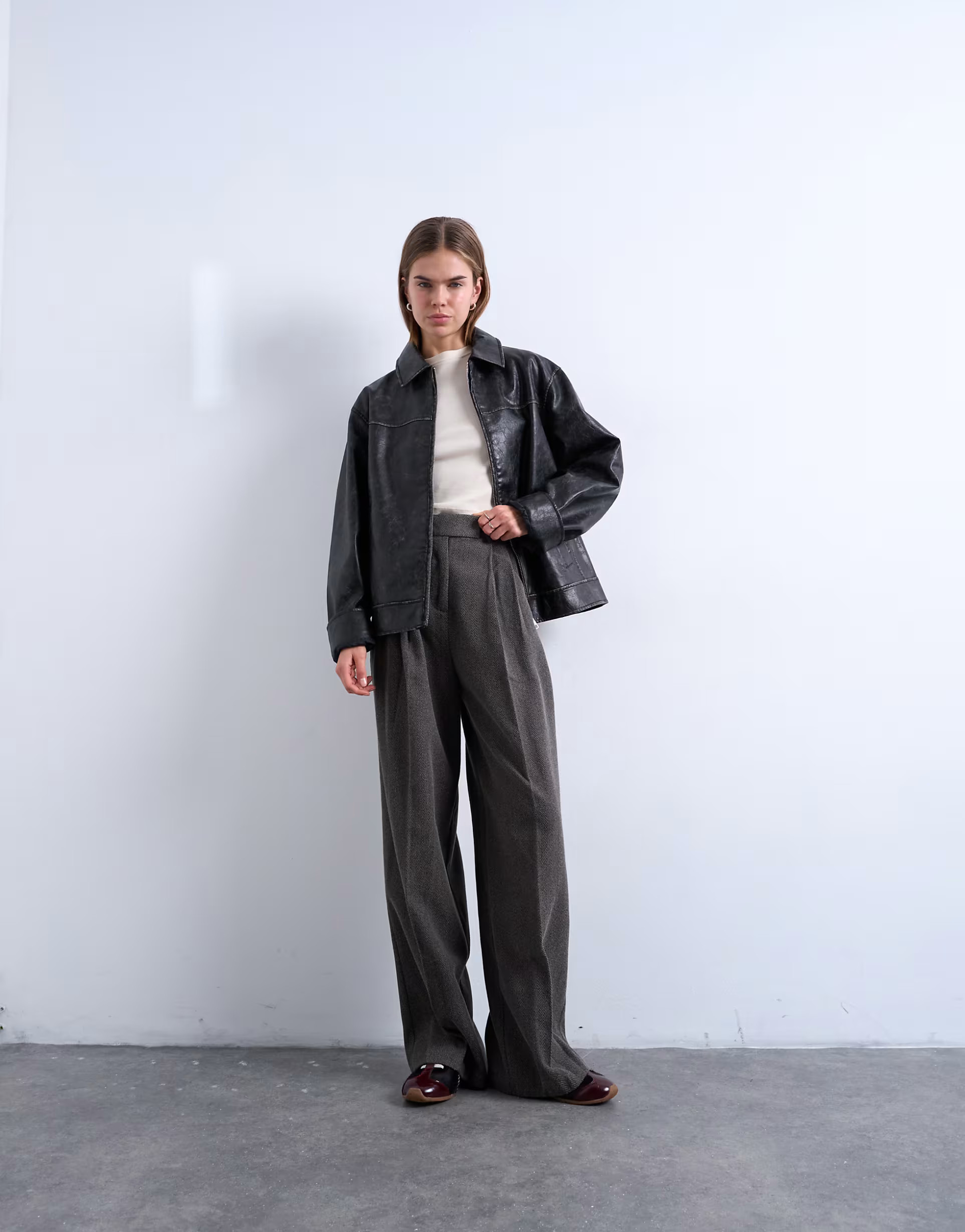 Topshop high waisted herringbone double pleated front pants in gray | ASOS (Global)