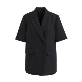 Classy Pad Shoulder Short-Sleeve Blazer in Black | Chicwish