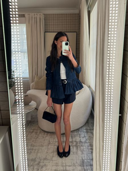 My denim jacket from Liberowe is linked in white and black satin. Ballet flats are Chanel and shorts are Zara but linked similar!