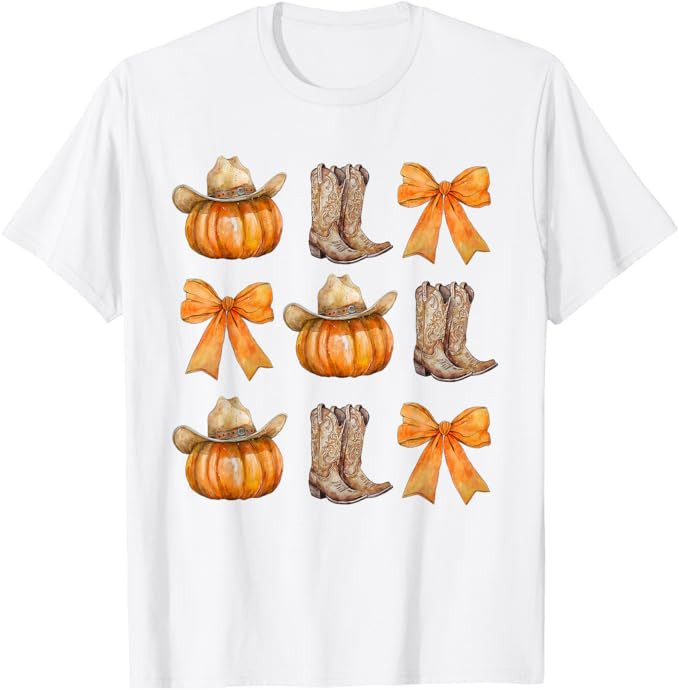 Coquette Bow Western Boots Pumpkin Cowboy Cowgirl Halloween T-Shirt | Amazon (US)