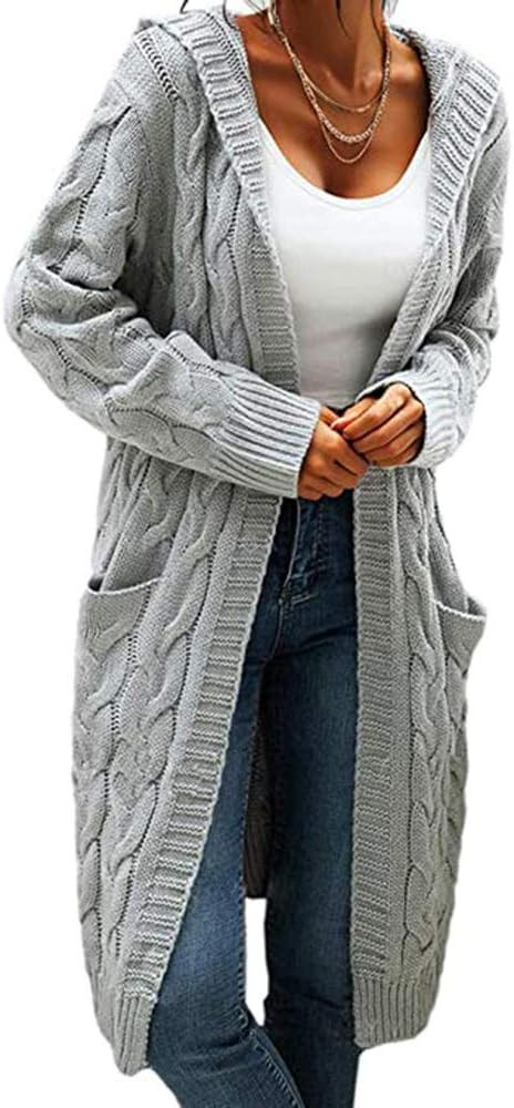 Women Hooded Open Front Cardigan Cable Knit Sweaters Solid Color Chunky Long Sweater Coats | Amazon (US)