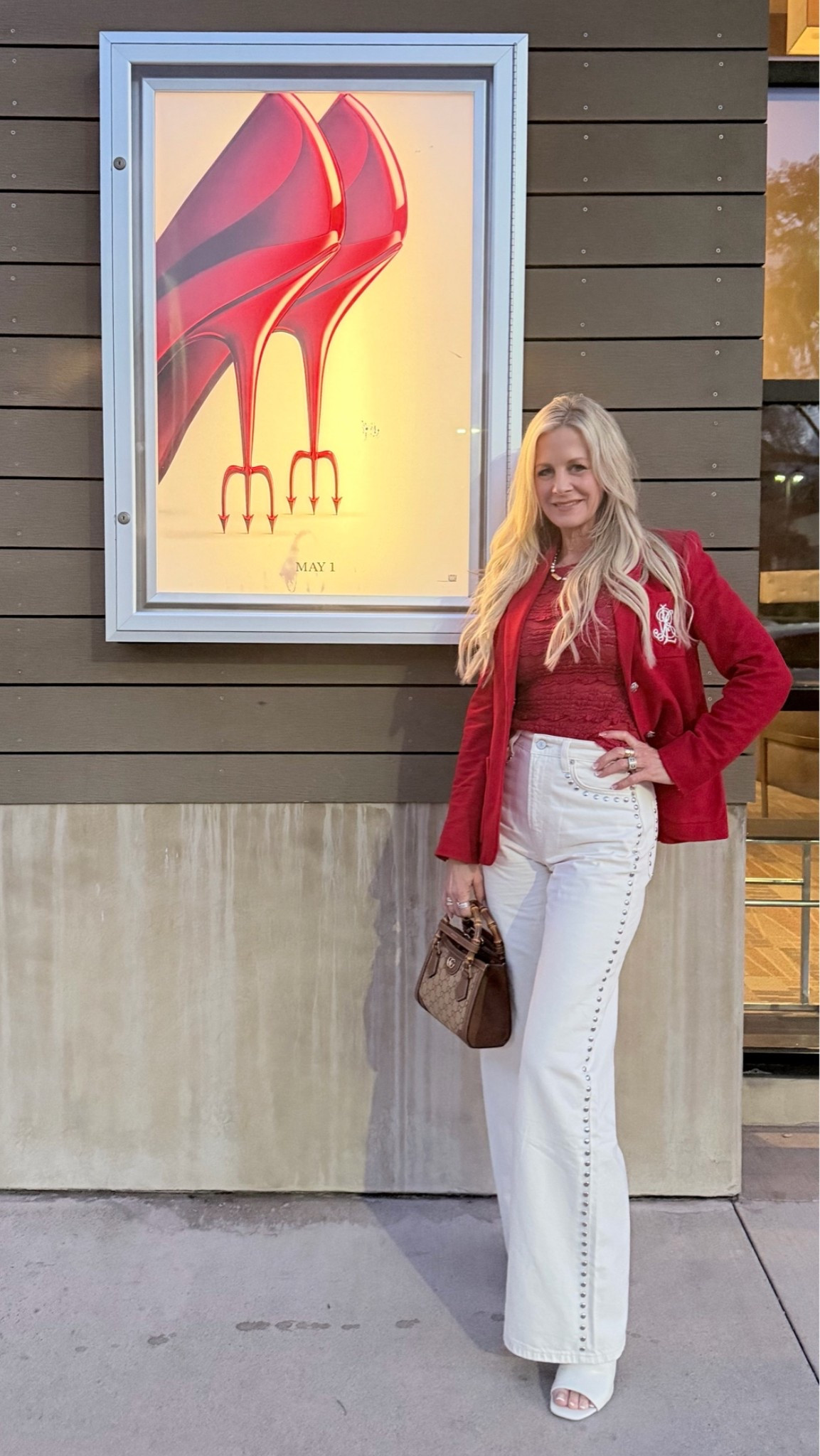 Channeling a little Miranda Priestly energy tonight ❤️👠✨

We went to see The Devil Wears Prada 2 with friends on Cinco de Mayo and it felt like the perfect excuse to dress up and celebrate fashion, friendship, and a fun night out.

Standing in front of this poster reminded me that great style has no age limit. Red blazer, white denim, confidence… and a little Miranda Priestly energy. 💃✨

Life is your red carpet.

#LTKdayinmylife #LTKootd #LTKOver40