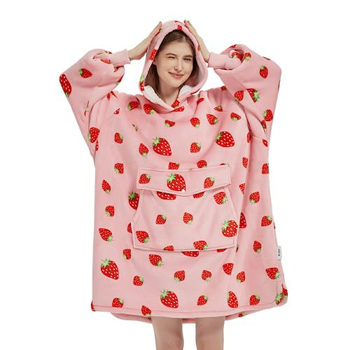 Krifey Wearable Blanket Hoodie, Oversized Sherpa Fleece Sweatshirt with Giant Pocket, Birthday Gifts for Women, Mom, Sister, Strawberry | Amazon (US)
