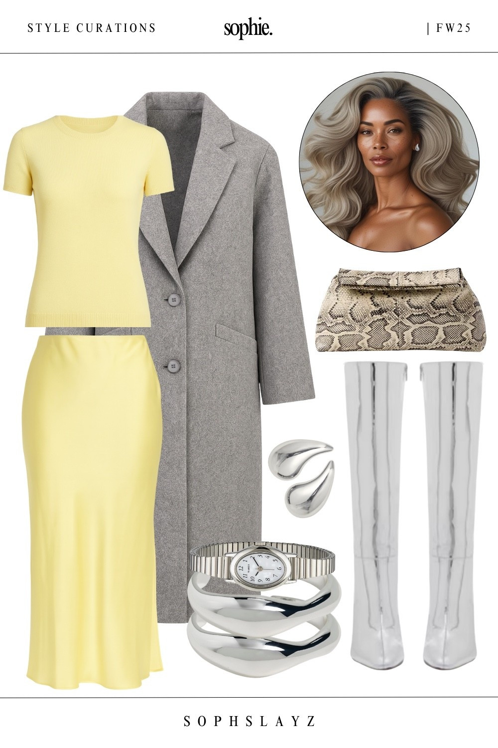This look: butter yellow sweater knit top, satin maxi skirt, structured grey oversized  coat, silver metallic boots, chunky stacked silver bracelets and watch, teardrop earrings, and a snake print clutch.
This look is all about contrast. Soft citrus meets sharp chrome for a look that’s crisp and fresh.
Wear it to a fall luncheon, daytime event, or a luxe weekend outing where you want to stand out in style.
🔎 fall outfits, satin skirt outfit, maxi skirt fall outfit, yellow outfit, silver knee-high boots, oversized grey coat, fall fashion color mix, snakeskin bag, fw25


#LTKItBag #LTKStyleTip