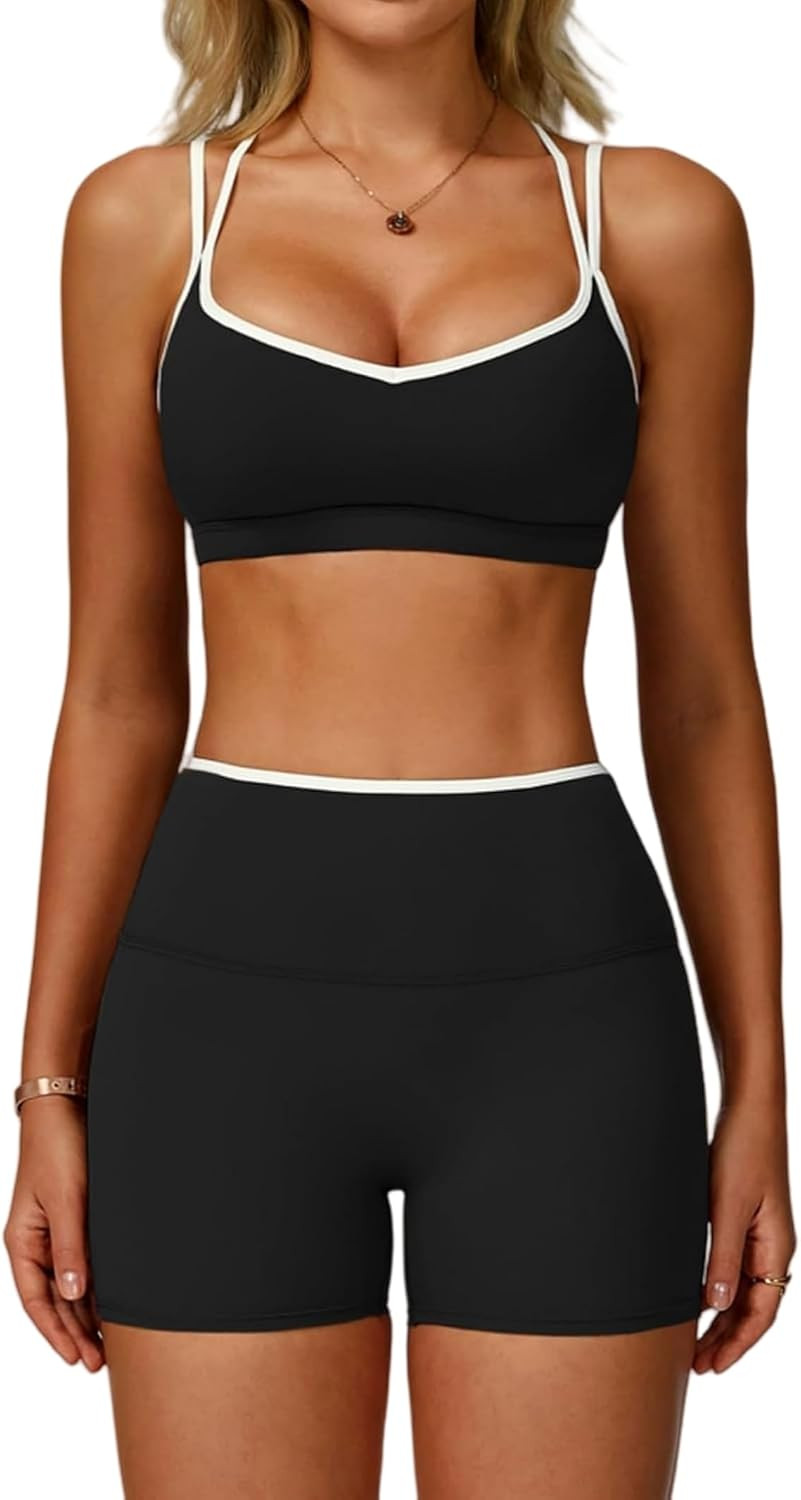 ABOCIW Workout Sets for Women 2 Piece Color Block Strappy Sports Bra High Waist Shorts Gym Yoga Pilates Outfits | Amazon (US)