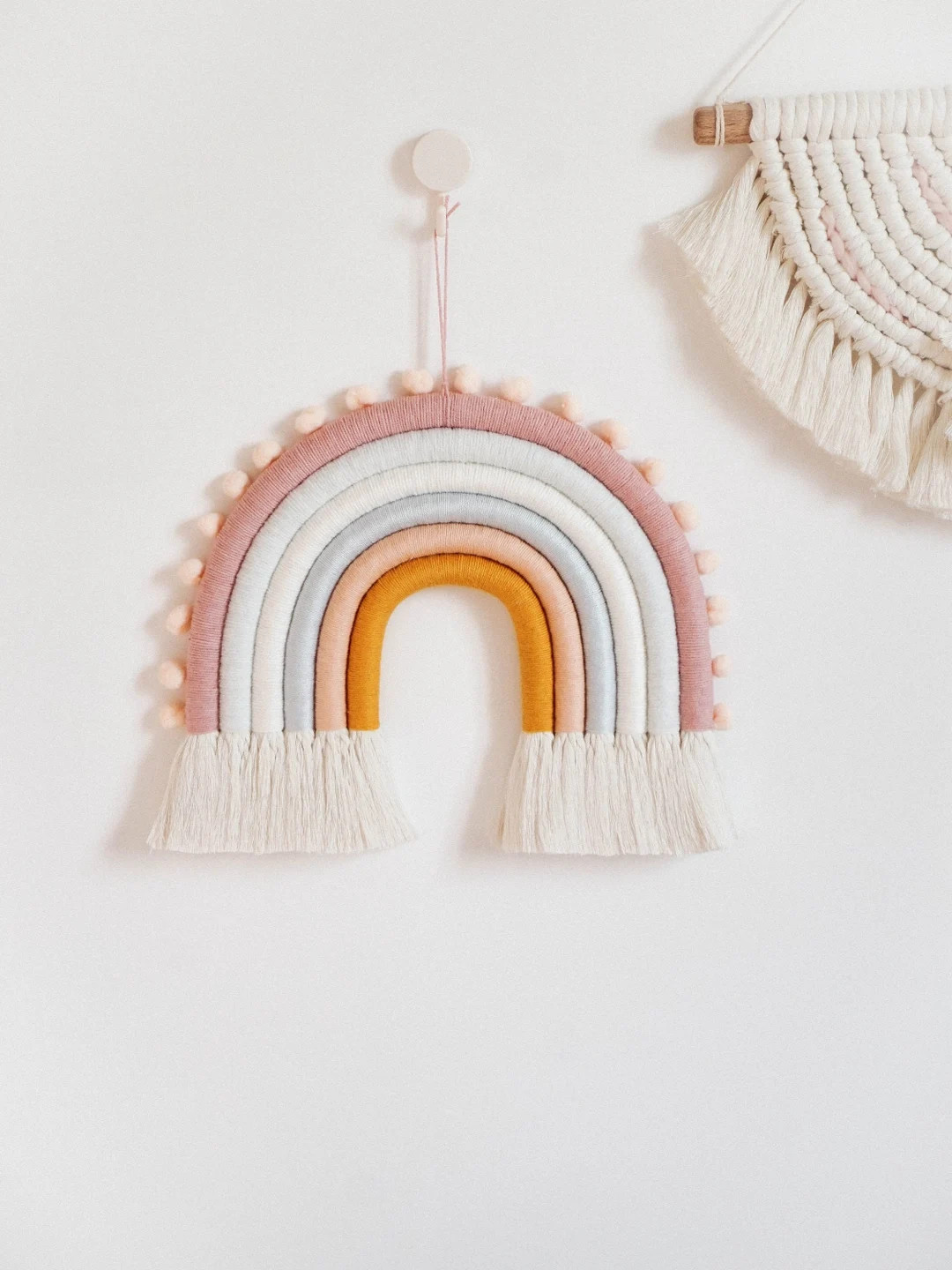 Scandi Pastel Macrame Rainbow Wall Hanging With Pompoms Fiber - Etsy | Etsy (US)