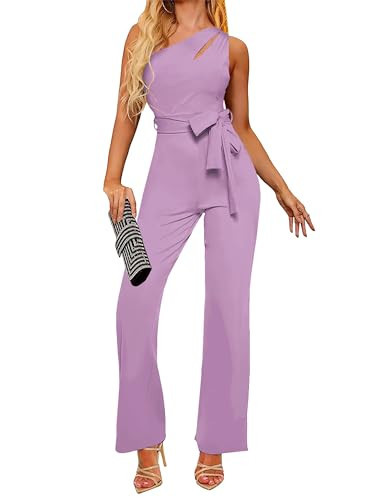 AUXDIO Dressy Jumpsuits for Women Evening Party High-waisted Sleeveless Elastic One Shoulder Pant Rompers Purple XL | Amazon (US)